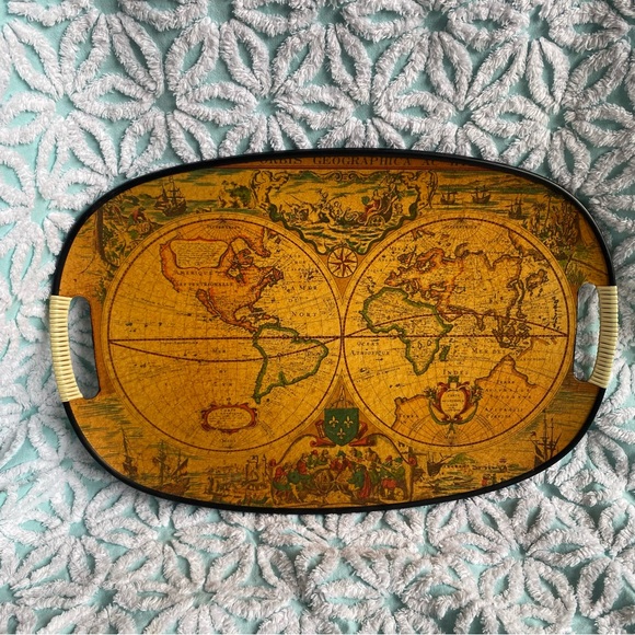 Vintage Tray antique world map MCM bar tray - Picture 1 of 9